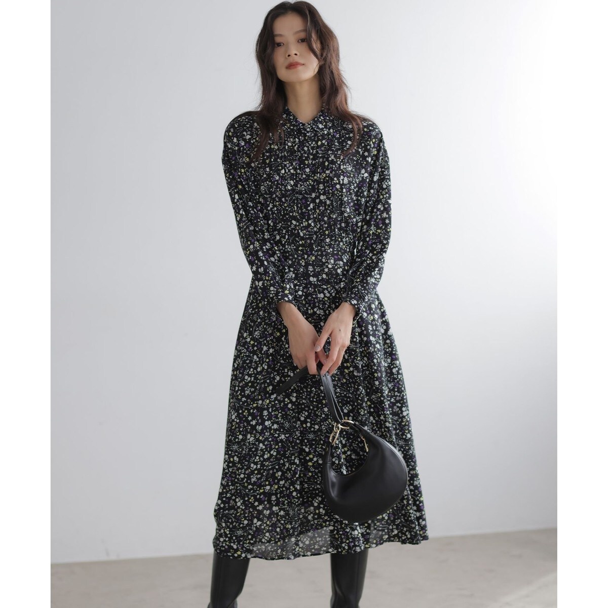 WEB限定・KUMIKYOKU NAVY】ウールジョーゼット バンドカラーワンピース