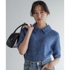 【加藤ローサさん着用 / 襟取り外し可】スパンコールヤーン 5分袖ニット