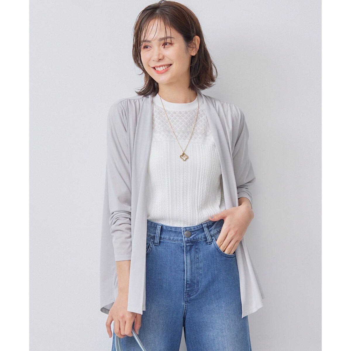 【新品タグ付】組曲 UVケア パウダリージョーゼットカーディガン アイボリー M セール 40%OFF】【UVケア・冷房対策】パウダリージョーゼット