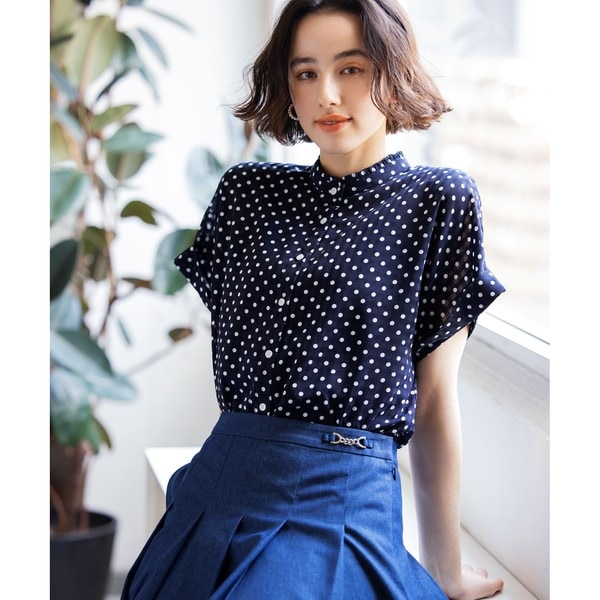 組曲 フリルネックブラウス 濃紺 6 大きいサイズ KUMIKYOKU NAVY