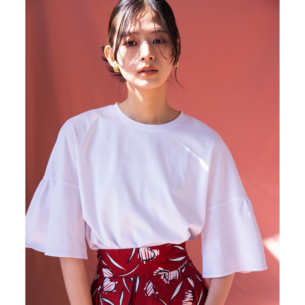 汗ジミ防止・撥水】GIZAプレーティング天竺 袖フレア Tシャツ | 組曲