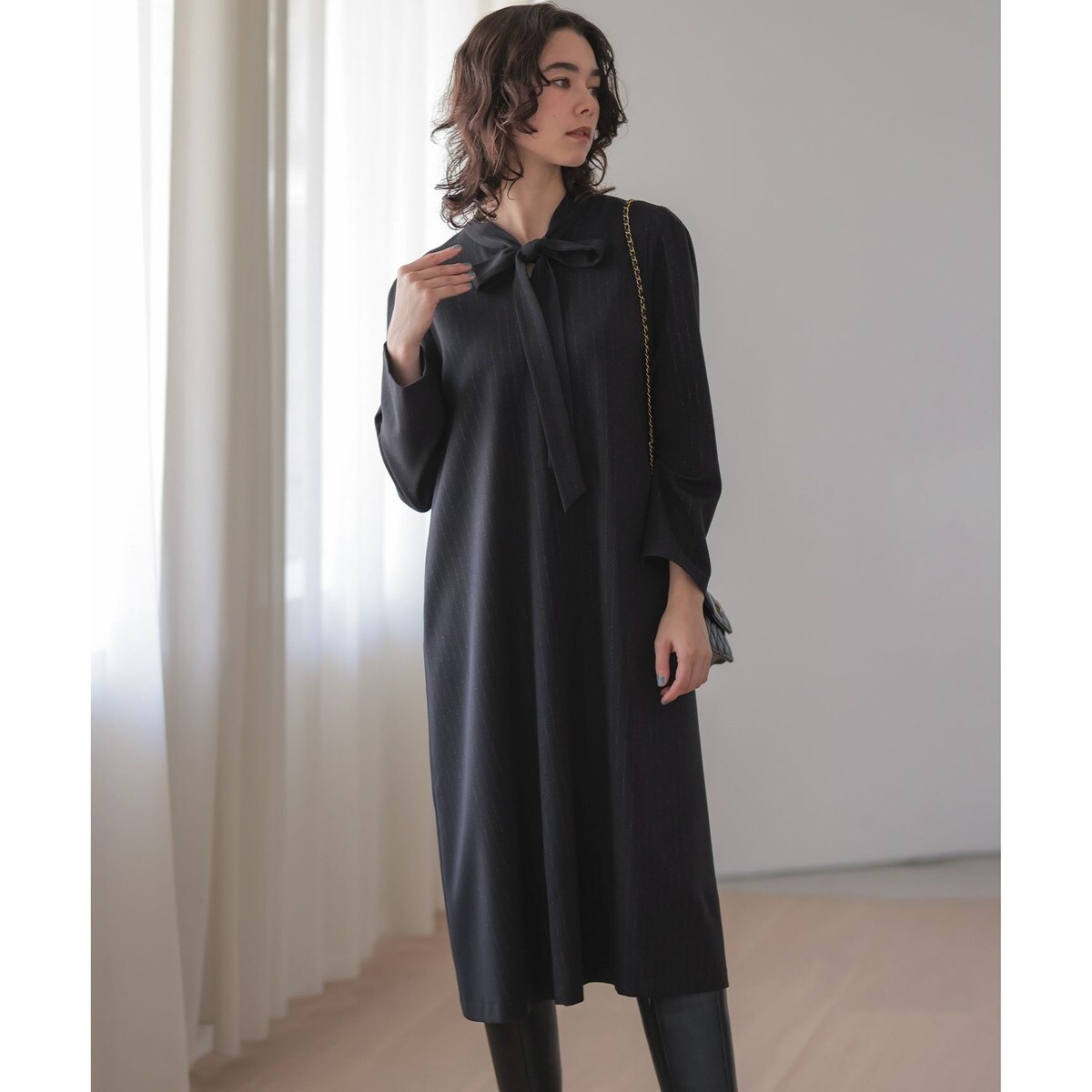 WEB限定・KUMIKYOKU NAVY】ウールジョーゼット バンドカラーワンピース