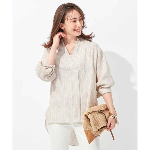 【洗える】リネンストライプ スキッパーブラウス