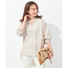 【洗える】リネンストライプ スキッパーブラウス