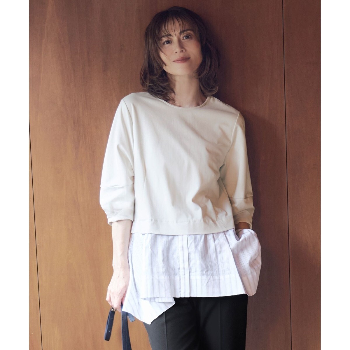 tシャツ カラミストライプコンビジャージ トップス レディース 洗える】カラミストライプコンビジャージ トップス | 自由区