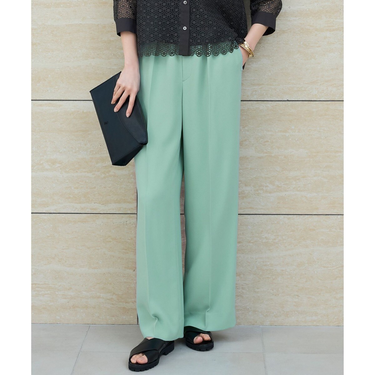 【SHIHOさんコラボ・洗える】バックサテンジョーゼットワイド パンツ