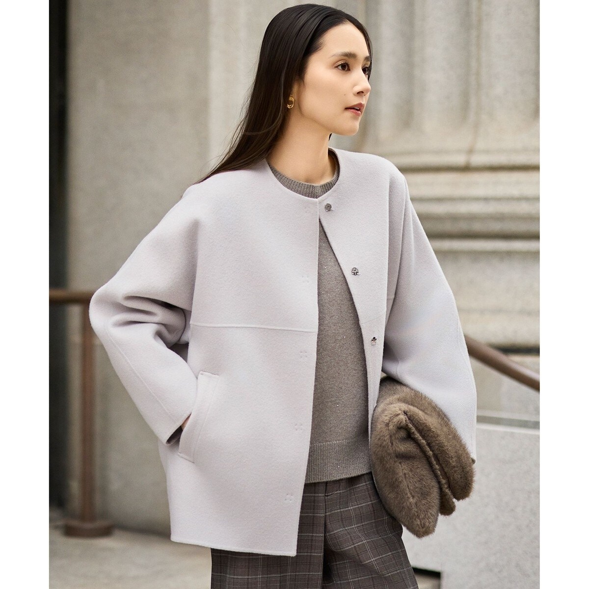 17号サイズまで展開・SHIHOさん着用】ウールリバーノーカラー コート