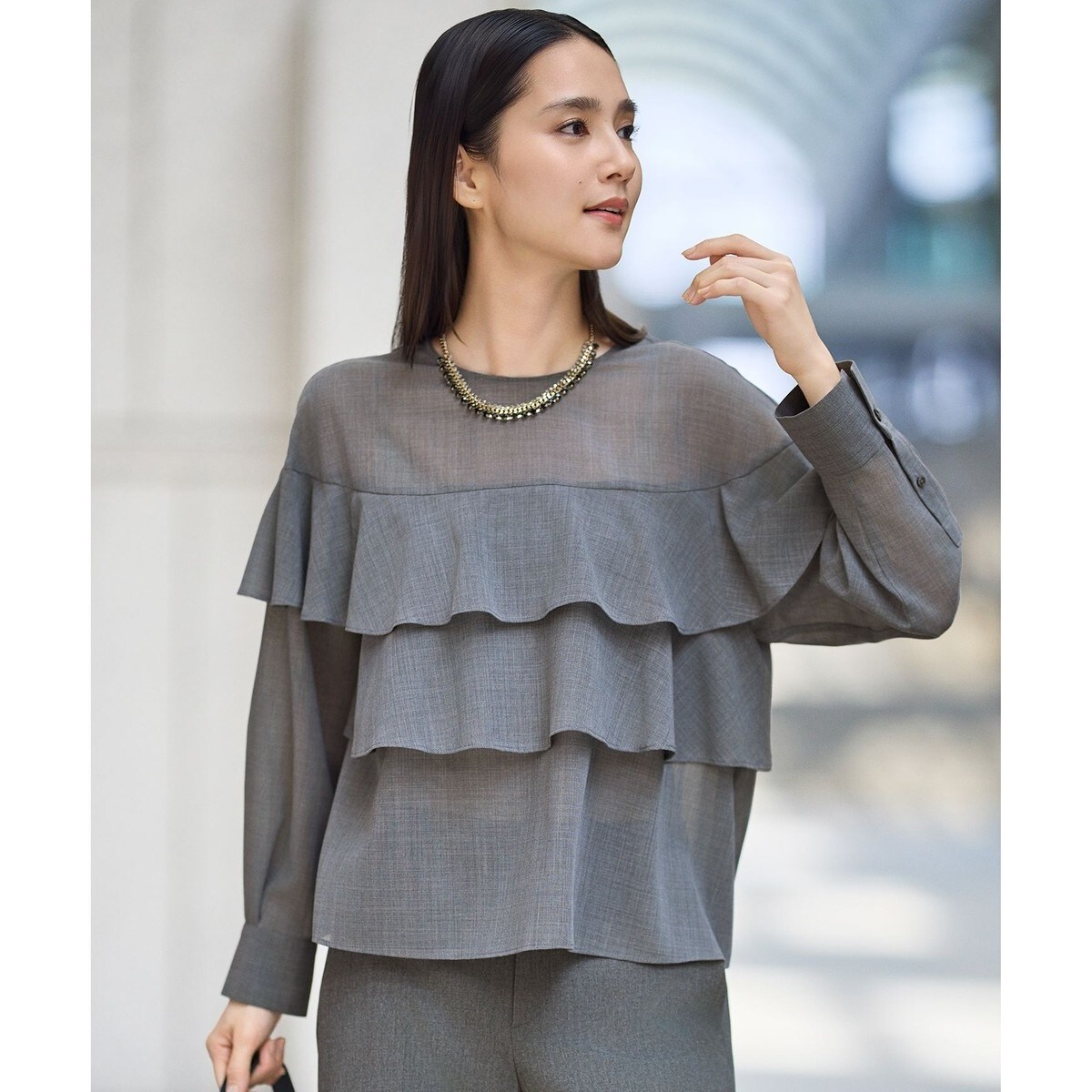 新品／自由区　大きいサイズ【洗える・ＵＶケア・吸放湿性】シルクストレッチブラウス 自由区 L 【洗える/UVケア/吸放湿性】シルクストレッチ