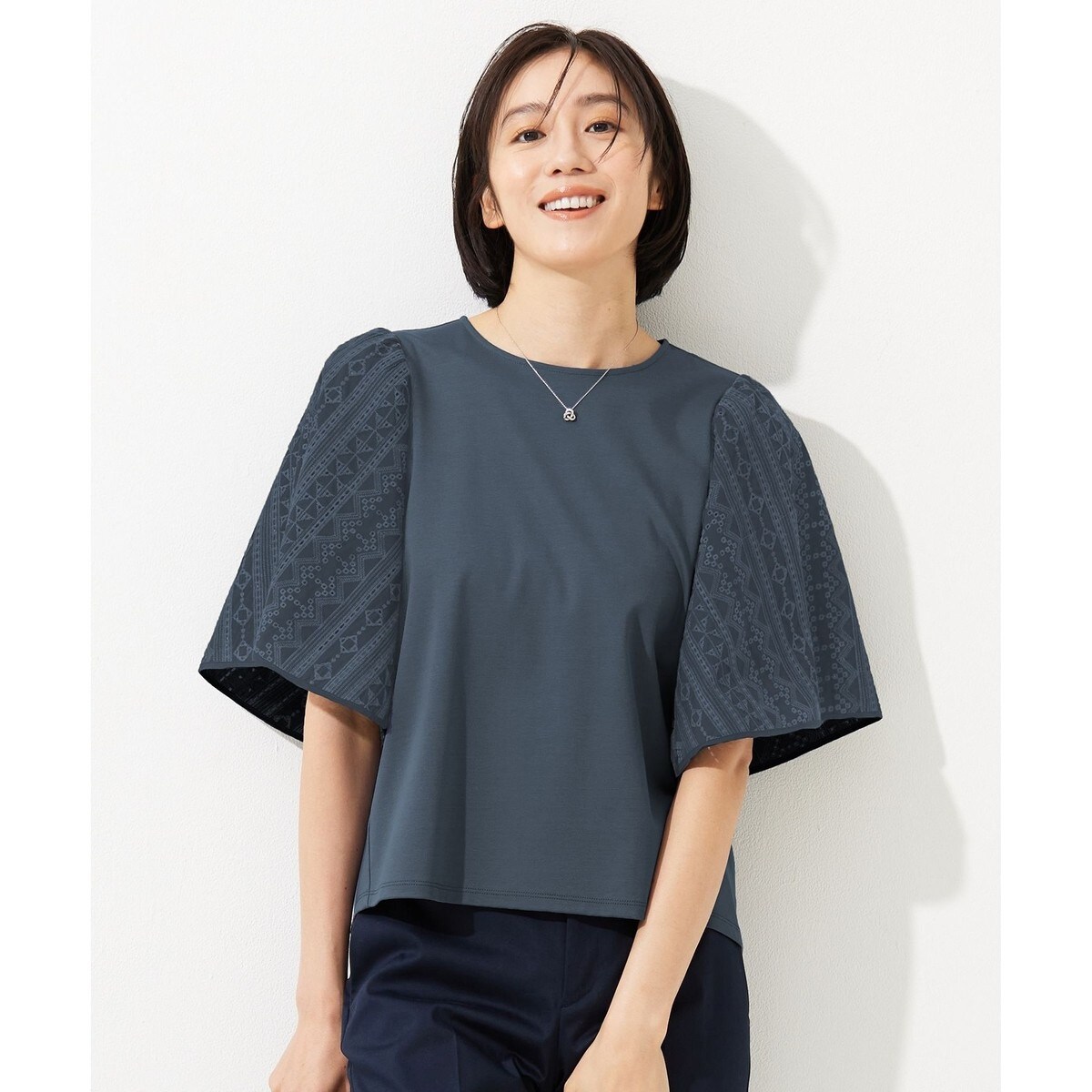 【カタログ掲載・洗える】エンブロイダリーコンビジャージ カットソー