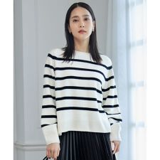 【洗える】ウールカシミヤブレンドボーダークルーネック ニット