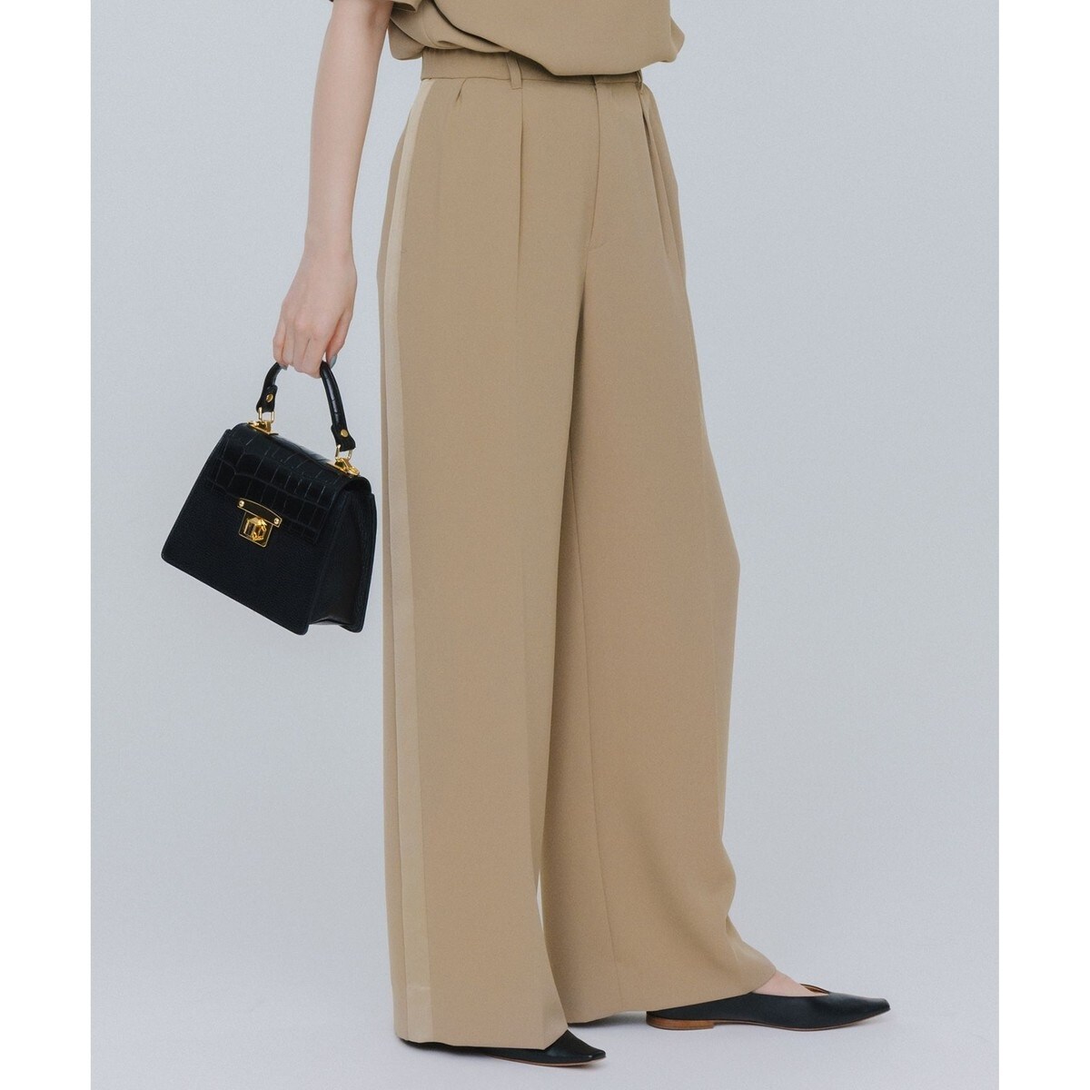 【SHIHOさんコラボ・洗える】バックサテンジョーゼットワイド パンツ