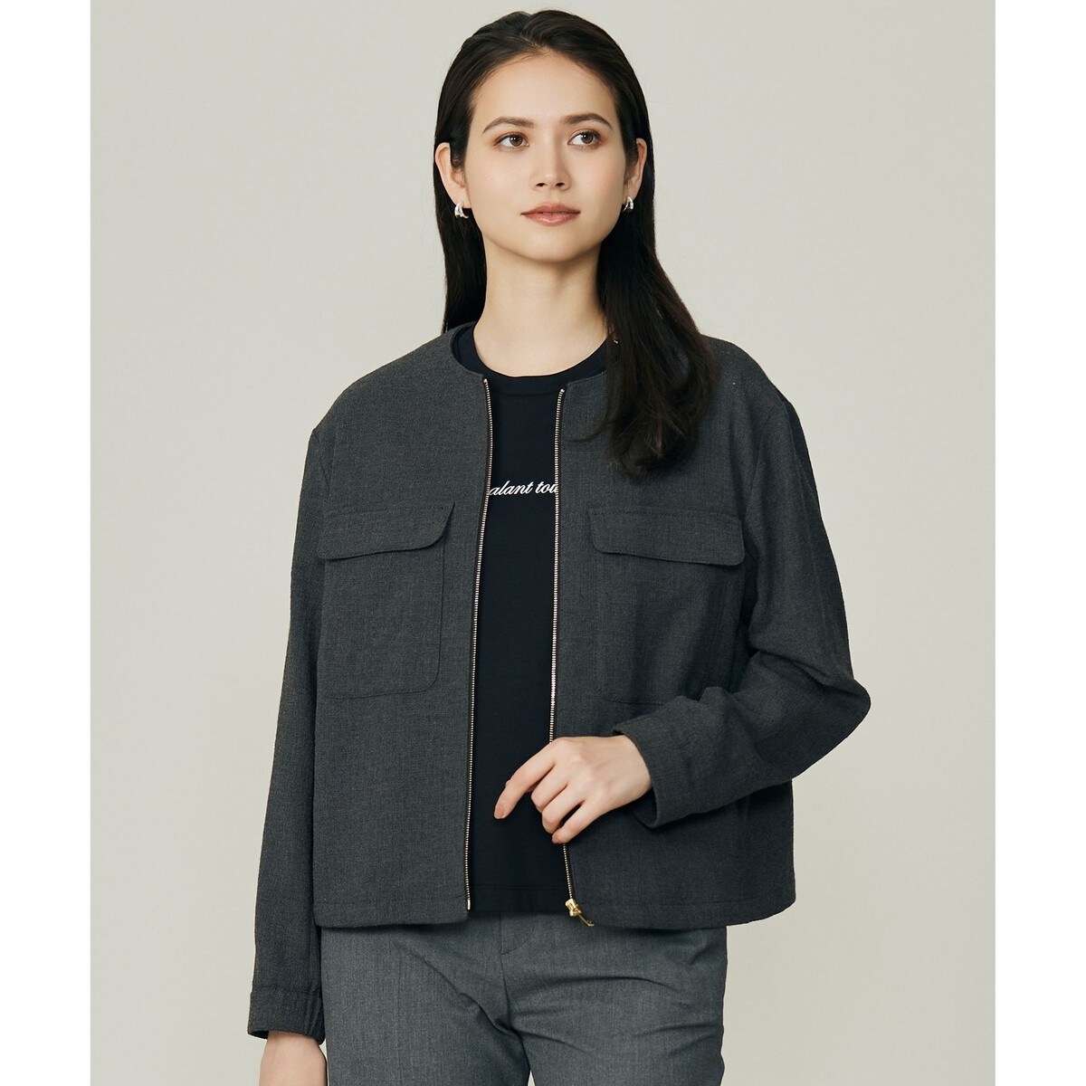 自由区【洗える】テンセルコットンエンブロイダリー ジャケットノーカラー 洗える】テンセルコットンエンブロイダリー ジャケット / 自由区