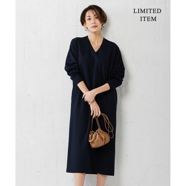 ICB ストレッチポンチVネック　裏起毛　マキシ丈　ワンピース　ネイビー　S WEB限定】 ストレッチポンチ Vネックワンピース | ICB | マルイ