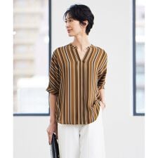 【人気のため新色追加・洗える】BackSatinAmunzen 5分袖キーネックブラウス