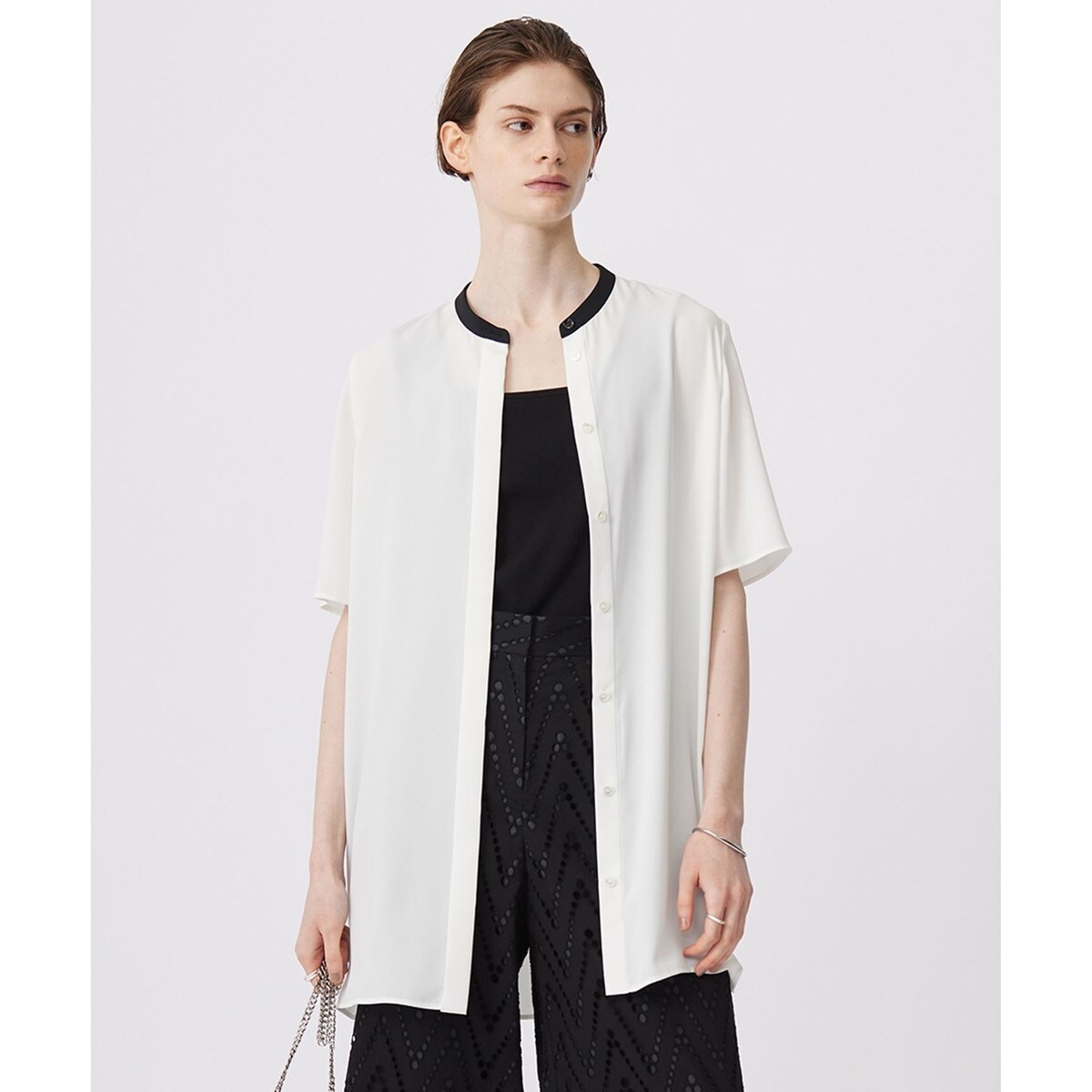 【接触冷感・UVケア・速乾・洗える】BackSatinAmunzen バンドカラーチュニックブラウス