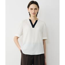 BackSatinAmunzen 5分袖Vネック配色ブラウス