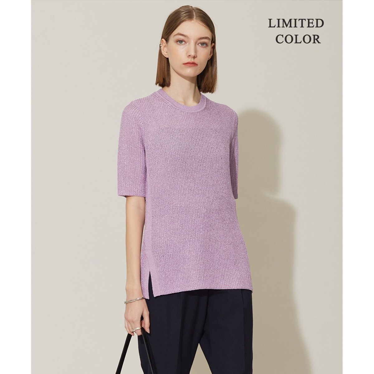 【WEB限定カラーあり・洗える】 ペーパーブレンドシャインニット 5分袖プルオーバー