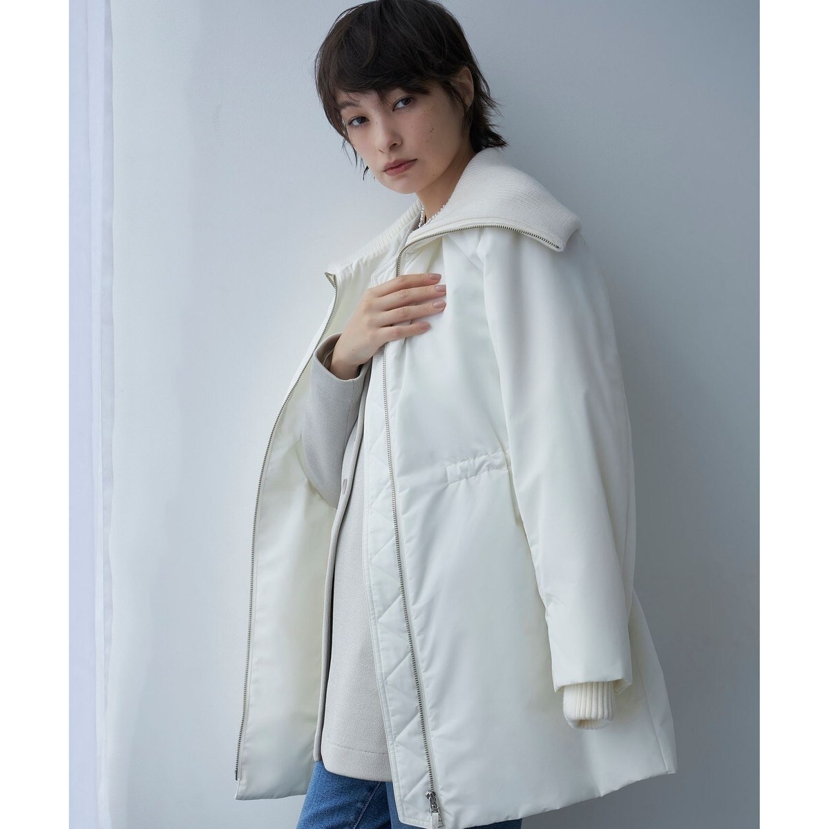 ICB WoolRever ショートコート 羊毛 カシミア アイボリー ニットコンビ