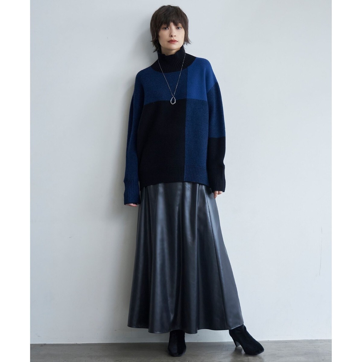 【iCB】ソフトカシミヤミックス ブロッキングハイネックニット 洗える】ソフトカシミヤミックス ブロッキングハイネックニット | ICB