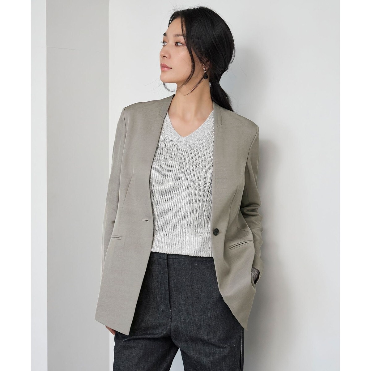 セットアップ着用可能】ロービングツイード ノーカラージャケット