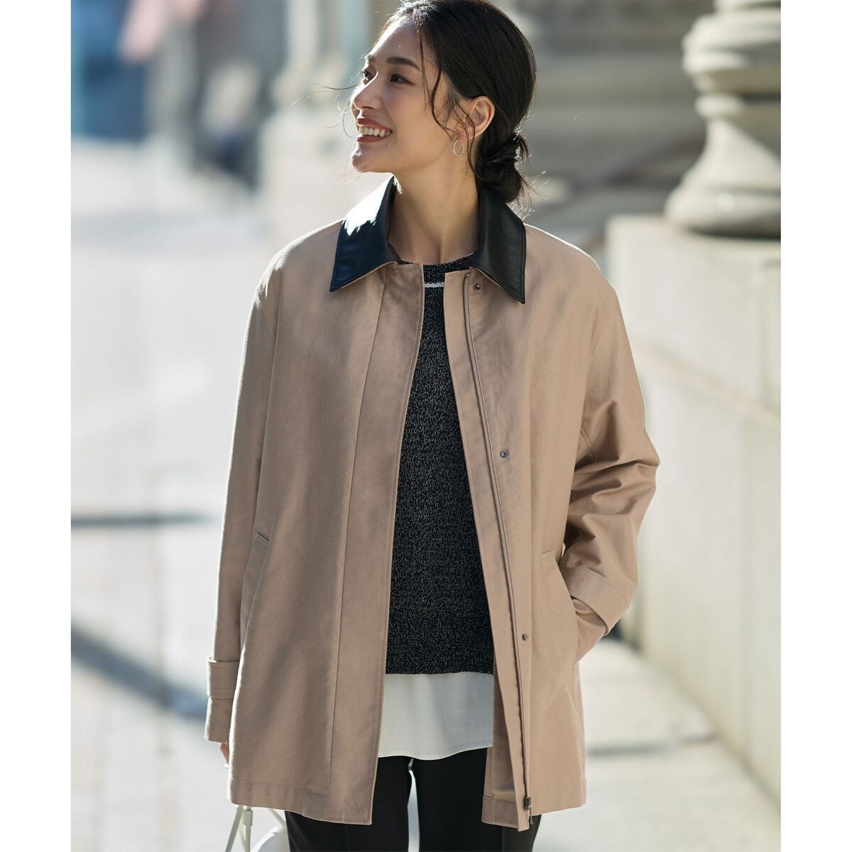 【配色襟取り外し可能】ライトモールスキン キルトライナー付きステンカラーコート