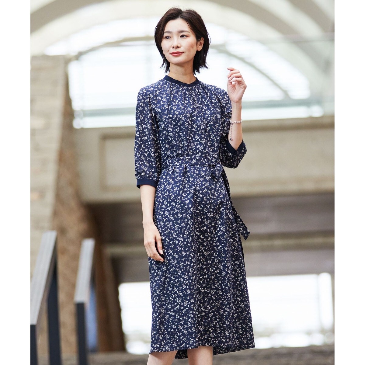 洗える】 スパンローンフラワー バンドカラー ワンピース | Jプレス(J