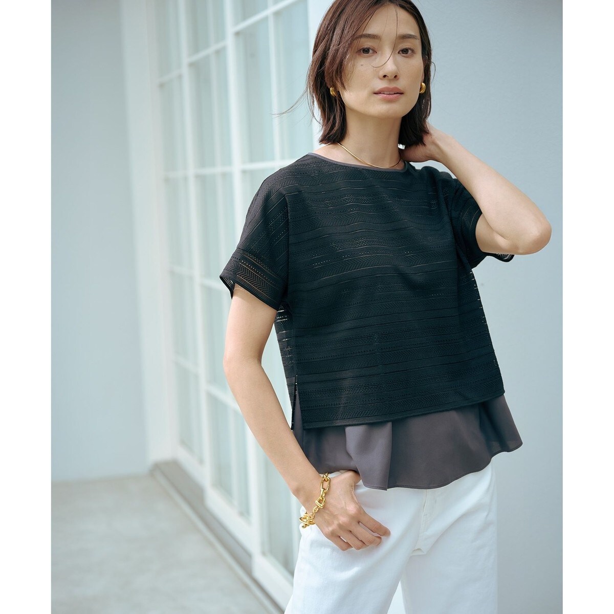 【WEB限定カラーあり・洗える】レースドッキング カットソー J.PRESS｜【WEB限定カラーあり・洗える】レースドッキング