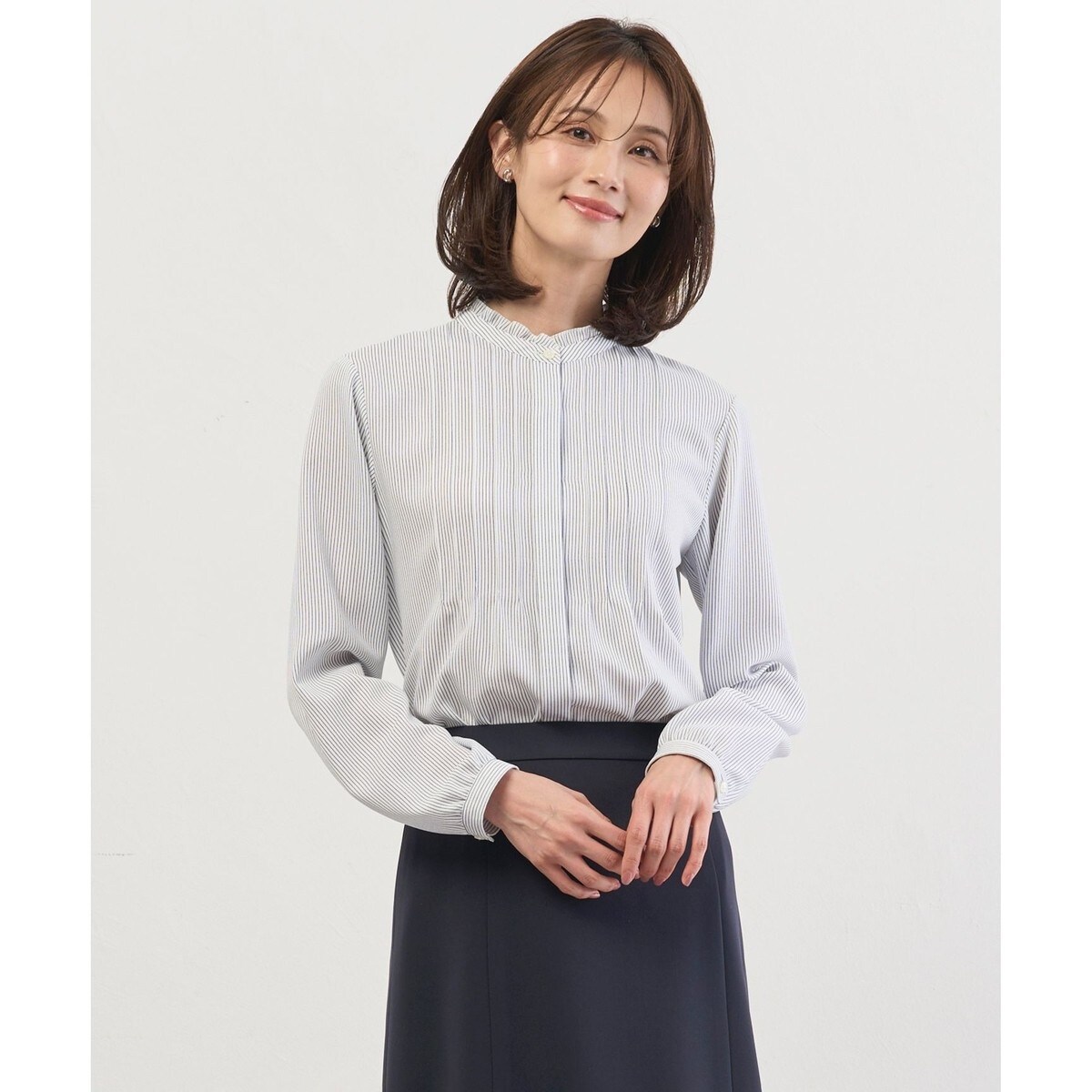 洗える】綿キュプラコードストライプ バンドカラー ブラウス | J
