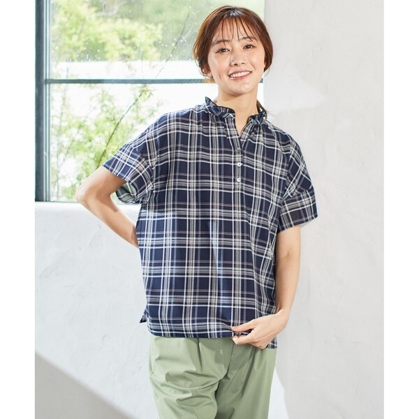 【洗える】J.press シアーチェック カットソー 洗える】シアーストライプ＆チェック ブラウスライク カットソー