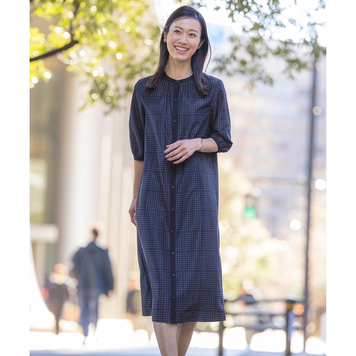 【未使用品】ジェイプレス　ワンピース　ドット柄　ウォッシャブル　イージーケアM セットアップ対応・洗える・UVケア・速乾】 OXIJEWELストレッチ