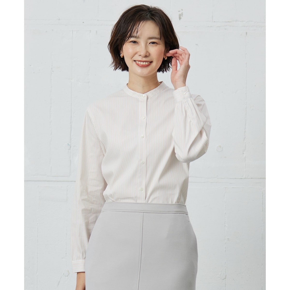 J.PRESS LADIES BEZ Cリネン スタンドカラー ブラウス　麻混 セール】 【洗える】BEZ Cリネンマドラス スタンドカラー