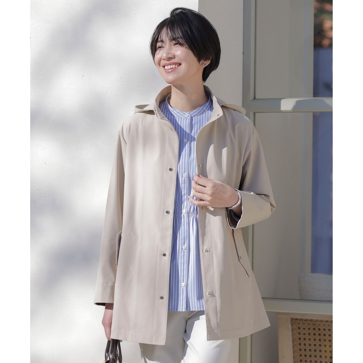 撥水加工】 メモリーストレッチタフタ フーデットコート | ICB