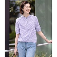 【洗える】アセVisギンガム バンドカラー ブラウス