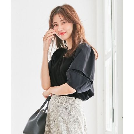 異素材コンビブラウス ブラック 値下げ （洗える】異素材コンビ  