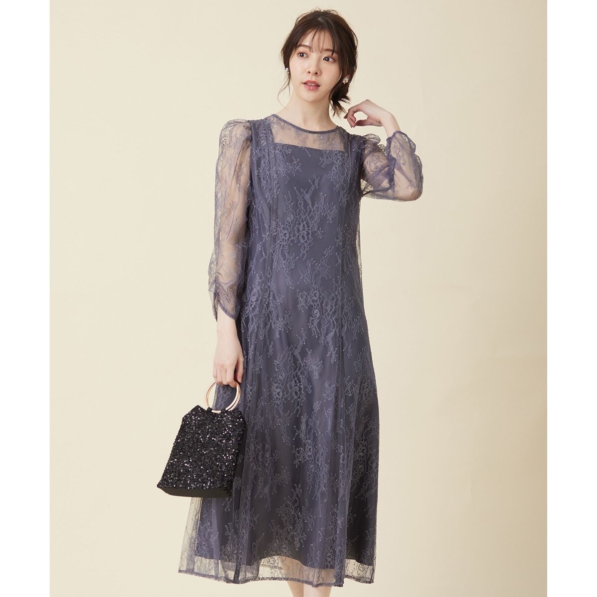 【新品】any SiS Lily Calinレーススリーブタック ドレス　紺 ANY SIS｜【Lily Calin】レーススリーブタック ドレス | Rakuten