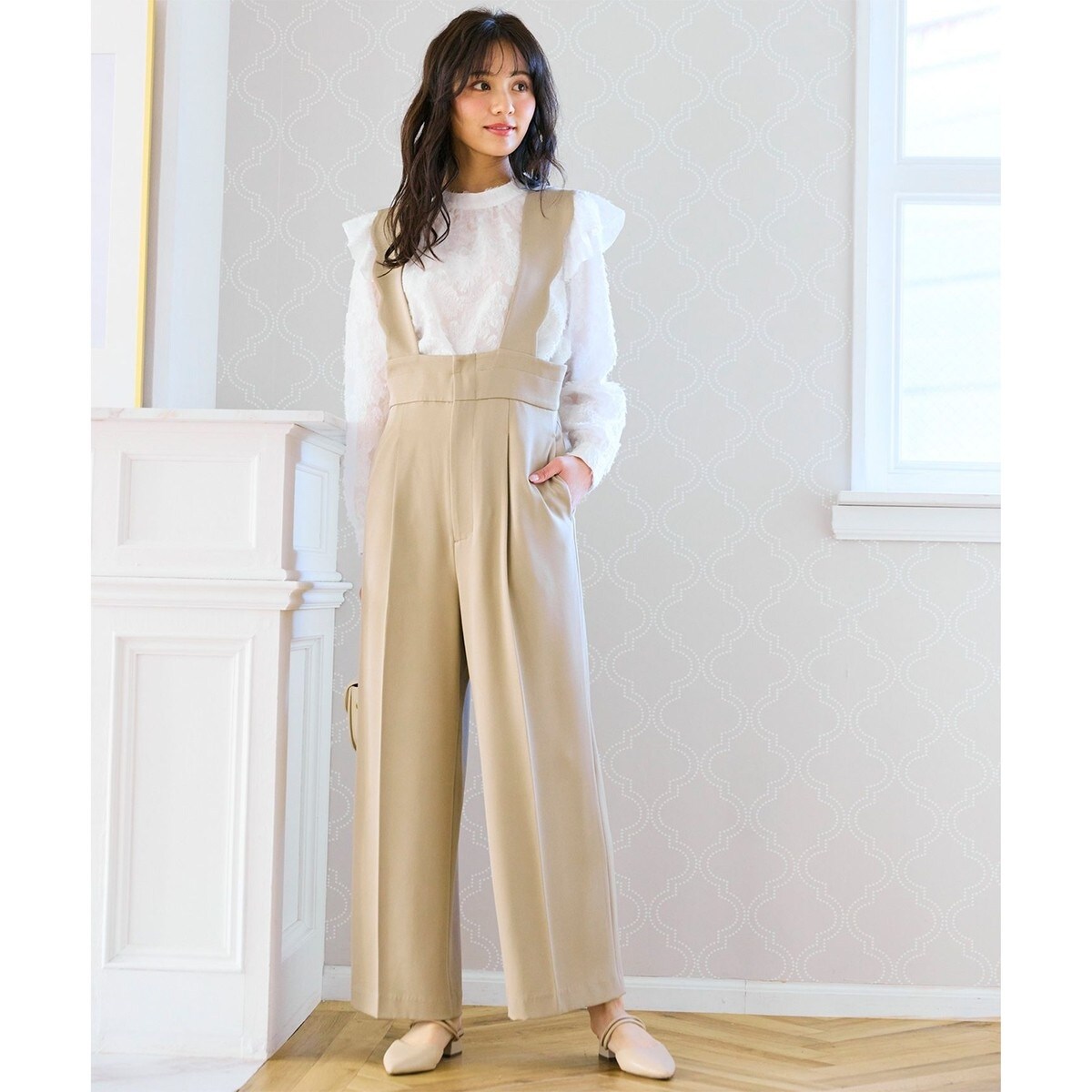 【美品】 Feroux 洗える フリルショルダードット サロペット Feroux 【洗える】フリルショルダードット サロペット