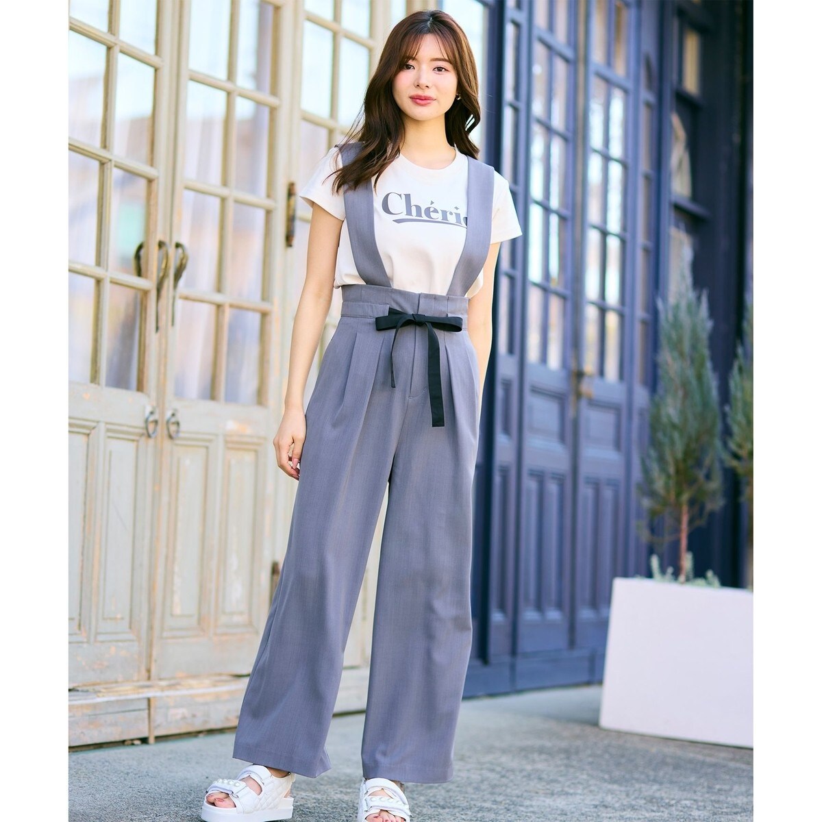 RANCLIC リボン付きフレアパンツ パンツ Ranclic side slit denim