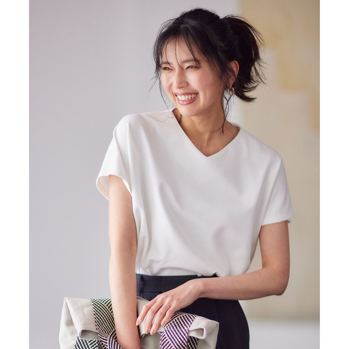 今期IENAVネックニュアンスフレンチスリーブプルオーバー ニッセン（nissen） Tシャツ カットソー レディース Vネック フレンチ