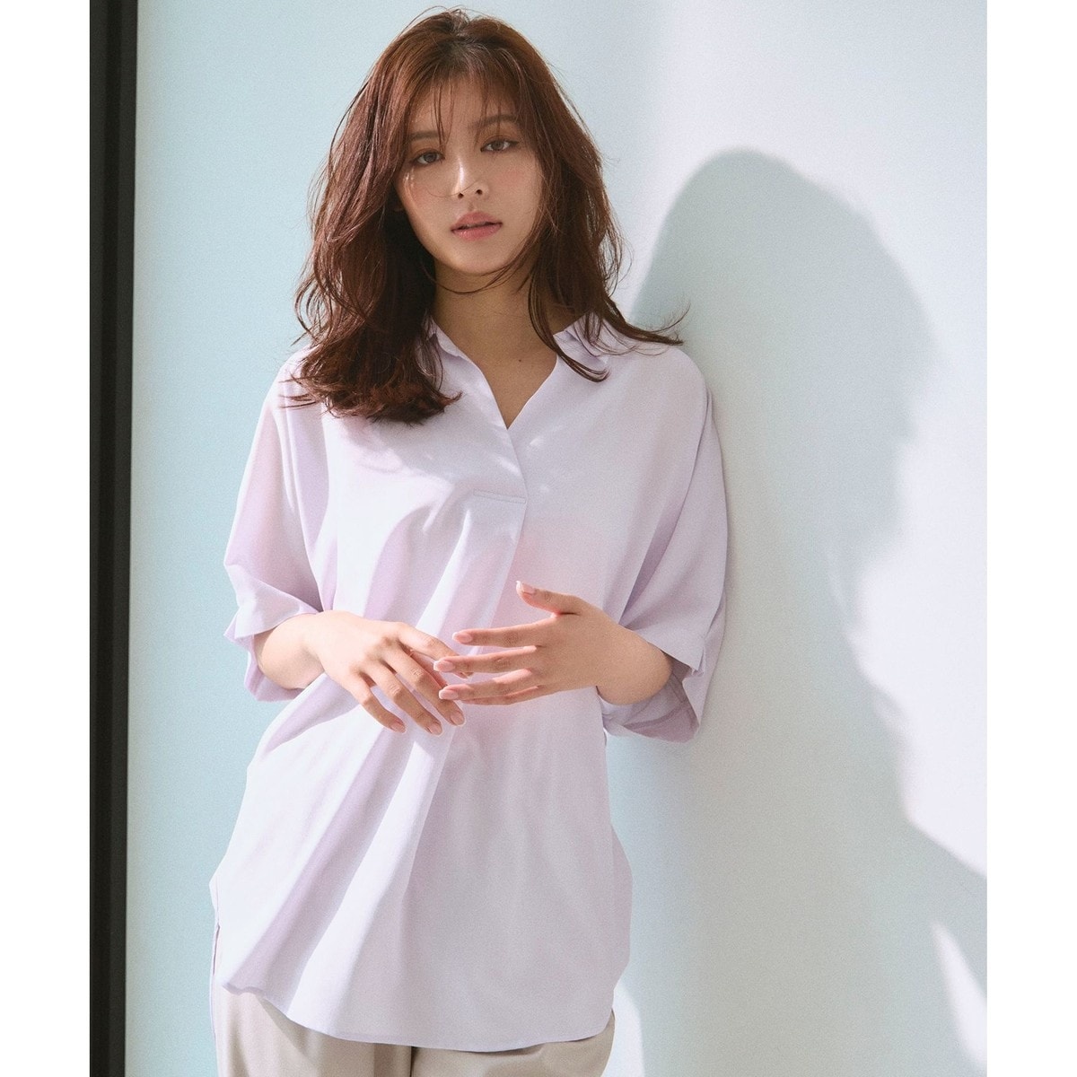 【美品】yuni ユニ リネン スキッパー 袖タックフリル ブラウス 茶 F natural couture｜タックフリル衿スキッパーあきブラウス