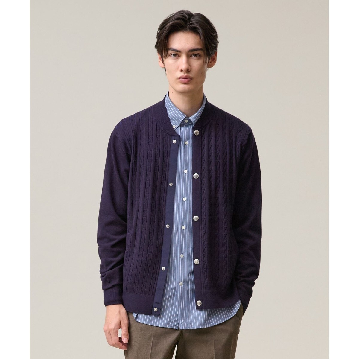 【ストレッチ / イージーケア】【FLEX YARN】ケーブルニット ブルゾンライク カーディガン