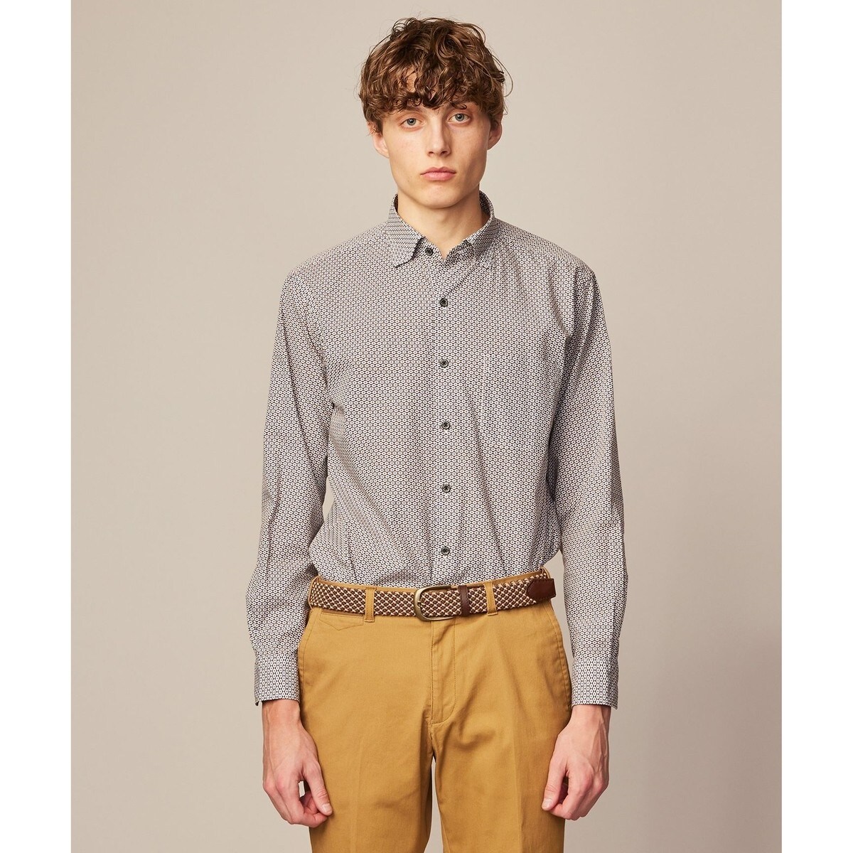 大きいサイズ】シナコバ 綿オックス 総柄プリント ボタンダウン長袖