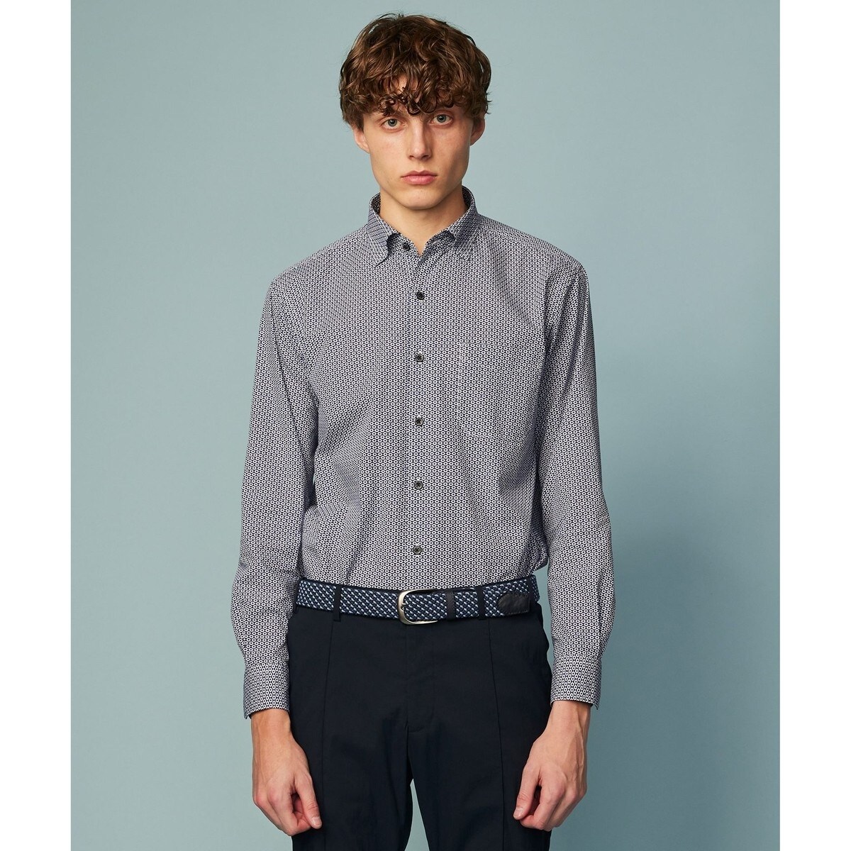 大きいサイズ】シナコバ 綿オックス 総柄プリント ボタンダウン長袖