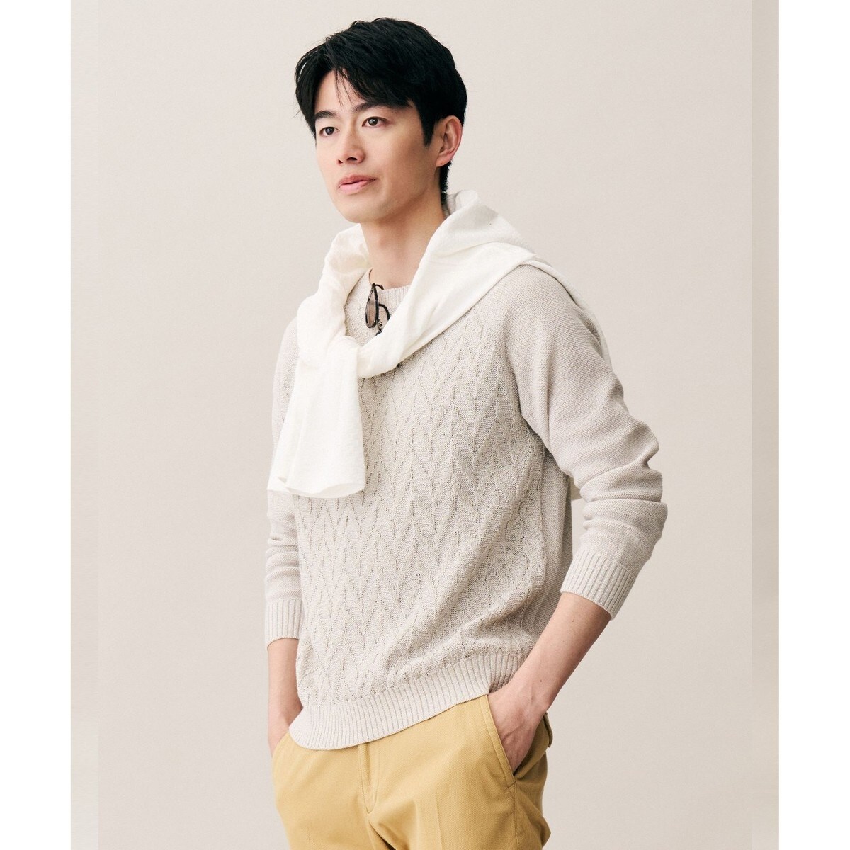 エコ素材和紙使用・日本素材】和紙杢メッシュクルーネック ニット 