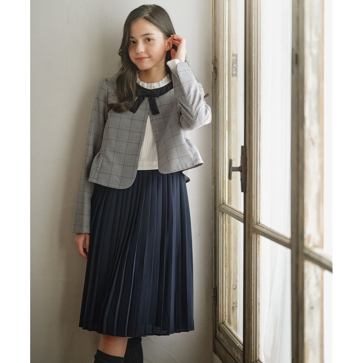 150-170cm】グレンチェックジャケット＆プリーツワンピース セット