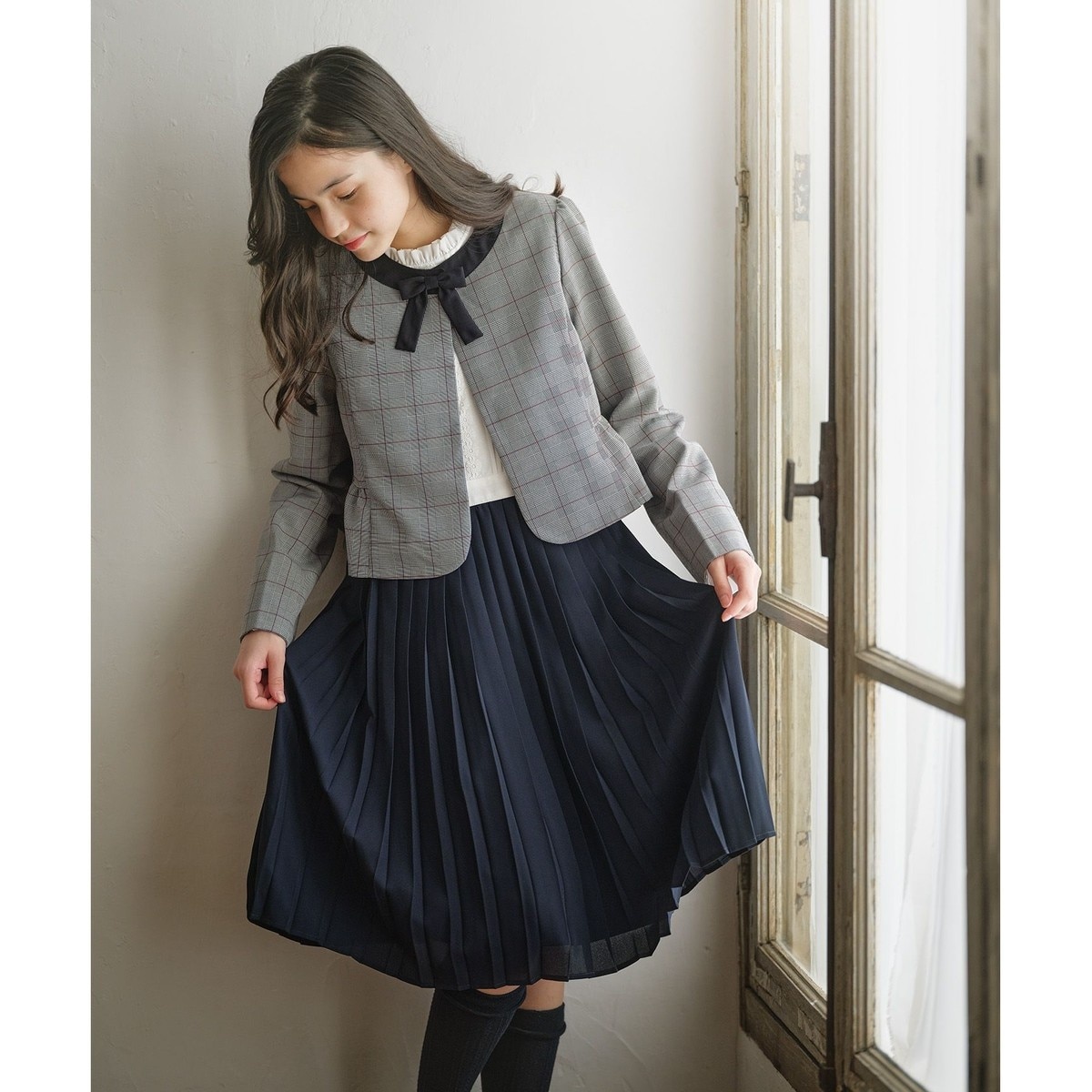 150-170cm】グレンチェックジャケット＆プリーツワンピース セット