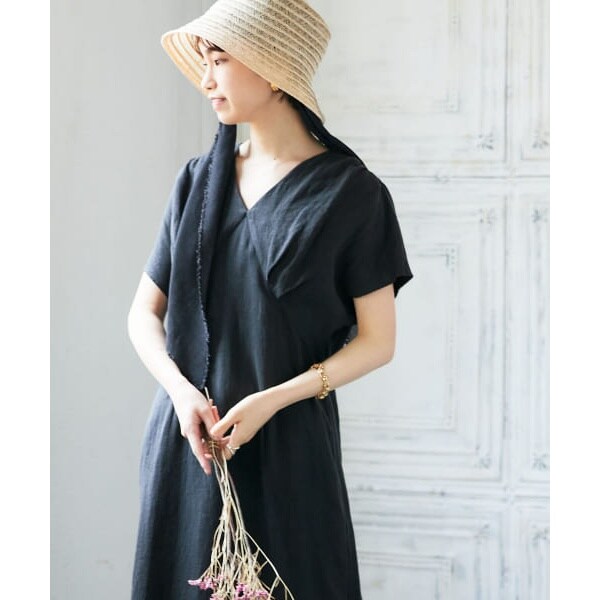 極美品✨定価１.５万❤️　麻　黒　ウエストタックフレンチスリーブワンピース URBAN RESEARCH ワンピース ウエストタックフレンチスリーブ