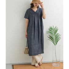 リネン混Vネックミディワンピース