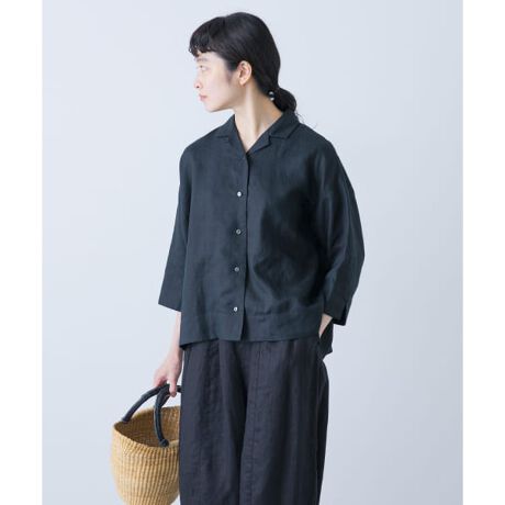 かぐれ リネン オープンカラー シャツ ロングワンピース ブラック  