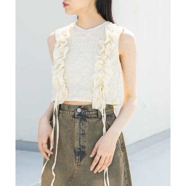 フリル付きグレー 2WAY ノースリーブジャケット XSサイズあり【Glossy/グロッシー】襟付き/ ノースリーブ