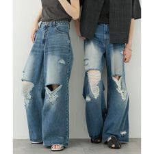 『ユニセックス』ダメージデニムワイドパンツ